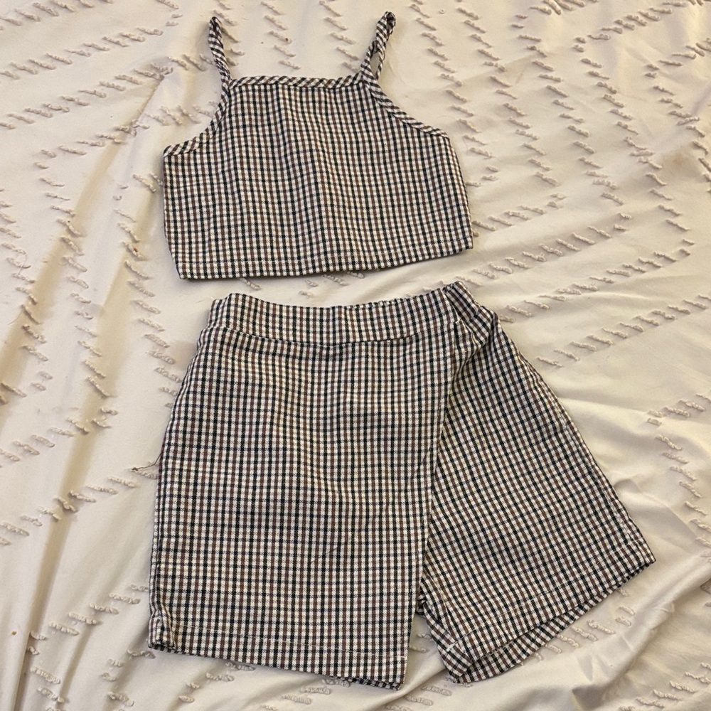 Black and White Gingham Crop Top and Shorts Set